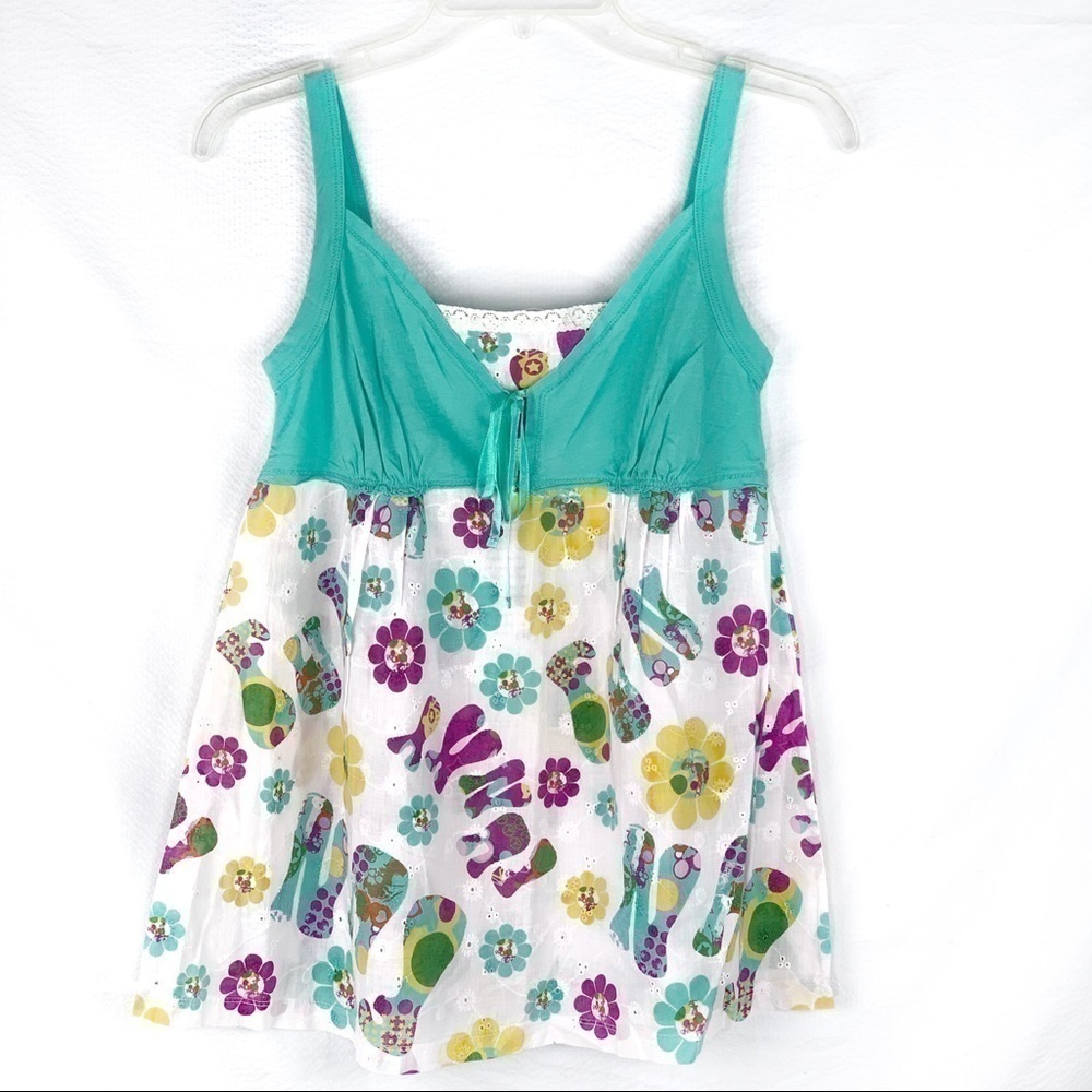 New- Vintage Scanty Fun, FunkyPrint, Eyelet, Sweetheart, TieFront Chemise Top MD